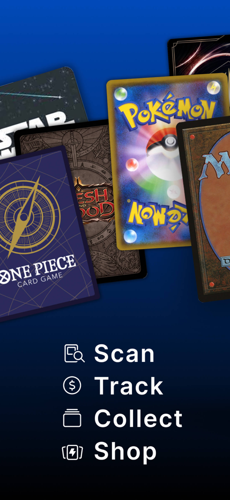 TCGplayer - TCGplayer app interface showing options to scan track collect and shop trading cards