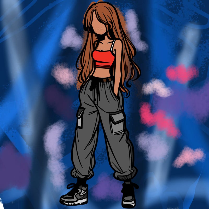 girl in baggy pants crop top and long hair