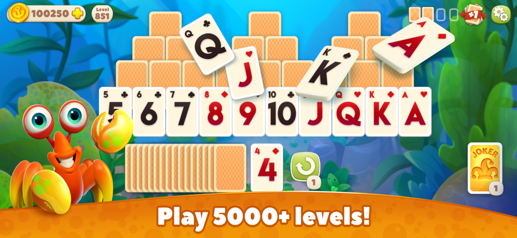 Undersea Solitaire Tripeaks - Gameplay screen of Undersea Solitaire Tripeaks featuring card puzzles and a cheerful cartoon crab character