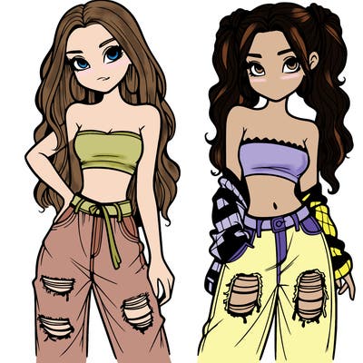 2 girls in crop tops and baggy jeans ripped