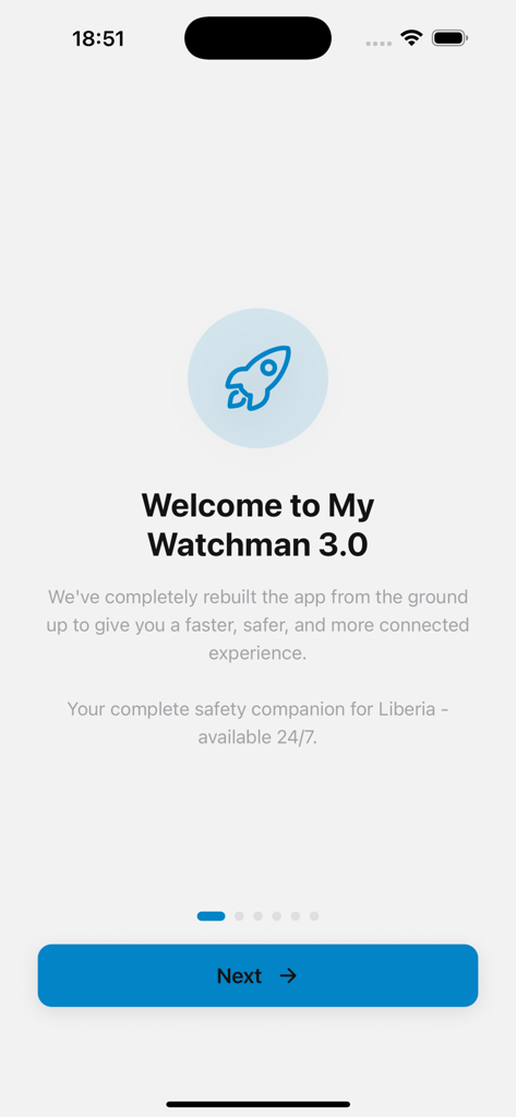 My Watchman - My Watchman 3.0アプリのウェルカム画面。ロケットのアイコンと紹介文が表示されています。