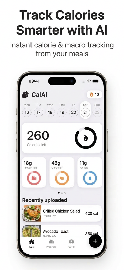 CalAI: Scan & Calorie Tracker - CalAI app dashboard showing daily calorie and macro tracking progress with meal history