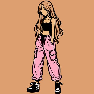 girl in baggy pants crop top and long hair