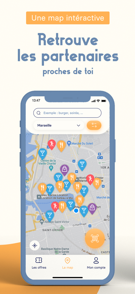 Carte Compass - An interactive mobile map from the Carte Compass app displaying local discount partners with colorful icons for restaurants bars and shops in Marseille