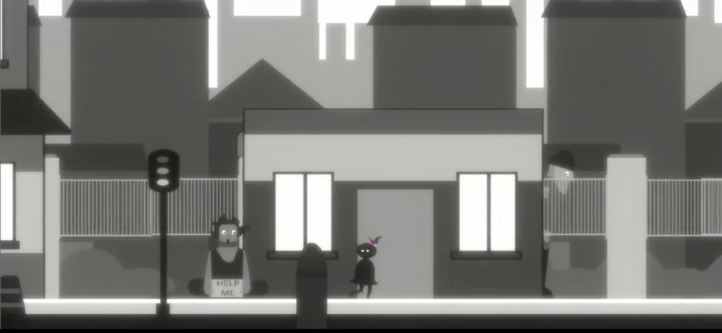 Virago: Herstory - A grayscale screenshot of the mobile game Virago Herstory showing Willow walking through a dark town past a character holding a help me sign.