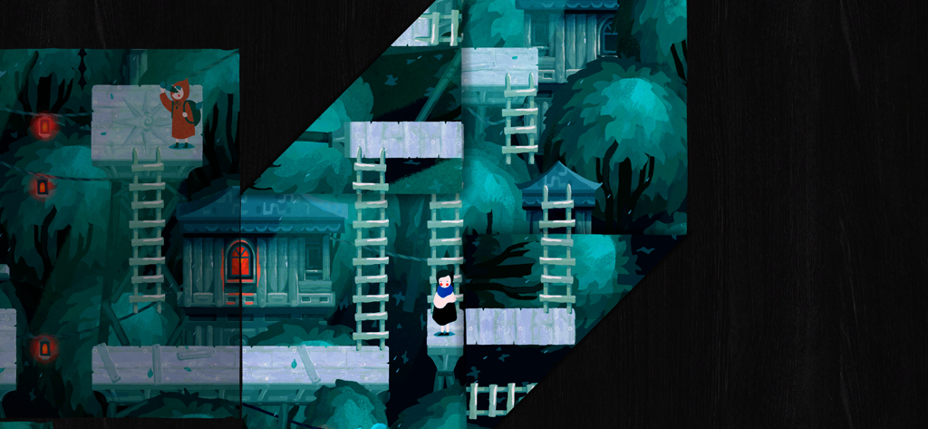 A watercolor style forest level in Paper Trail NETFLIX with treehouses ladders and the main character Paige