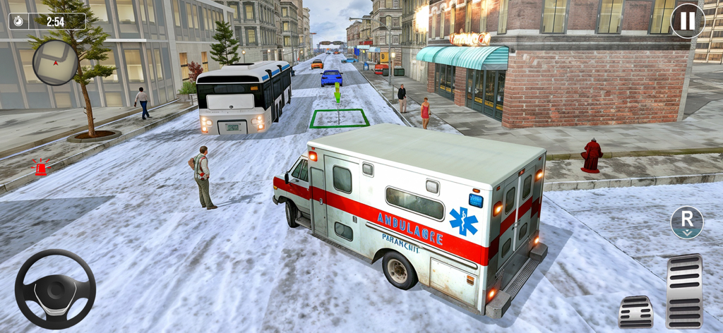 An ambulance driving through a snowy city street in a 3D rescue simulator game.