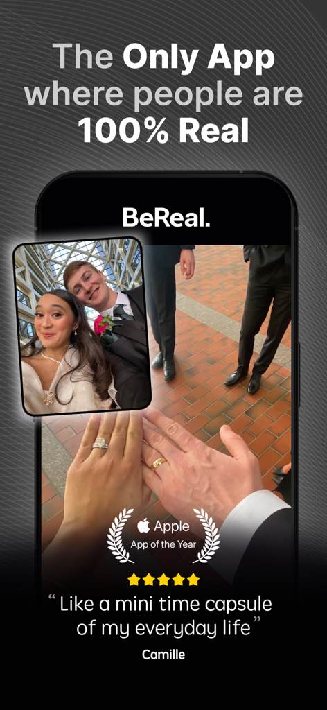 BeReal app screenshot showing a dual camera photo of a couple at a formal event with an Apple App of the Year badge