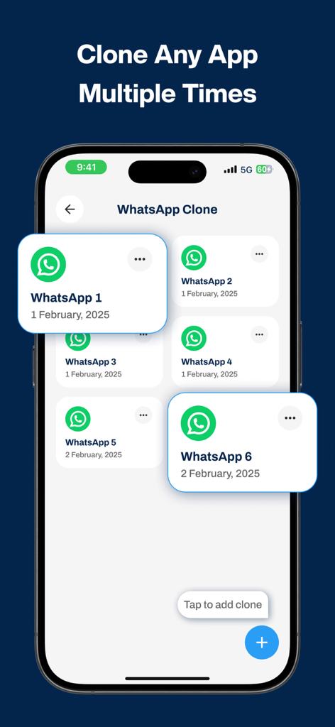 Interfaz de la aplicación Dual Space mostrando múltiples clones de WhatsApp en un solo dispositivo.