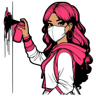 realistic girl with mask spray painting a wall