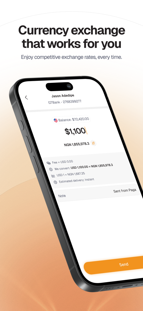 Paga app interface showing a currency exchange and money transfer from USD to Nigerian Naira with zero fees