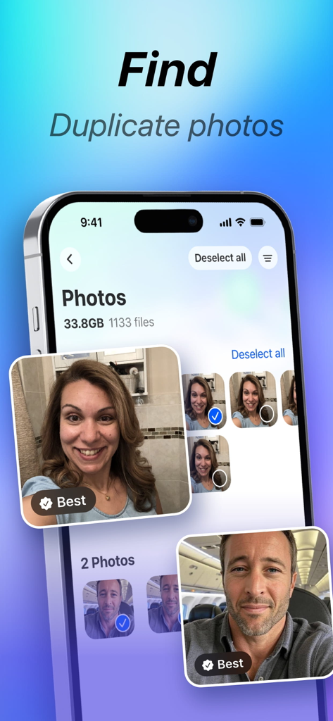 Storage Cleaner: Clean Mate - Smartphone screen showing the Storage Cleaner app finding duplicate photos and marking the best shots with AI