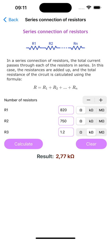 Resistor color codes calc - 直列接続回路の合計抵抗を求めるための計算機インターフェース。