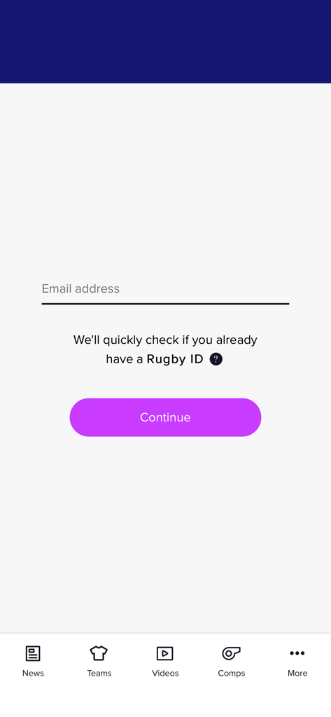 Rugby Xplorer login screen with email input field and continue button