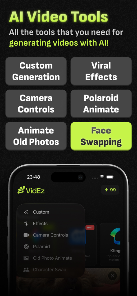 AI Video Generator: Videz - Videz app interface showing AI video tools like custom generation viral effects camera controls and face swapping