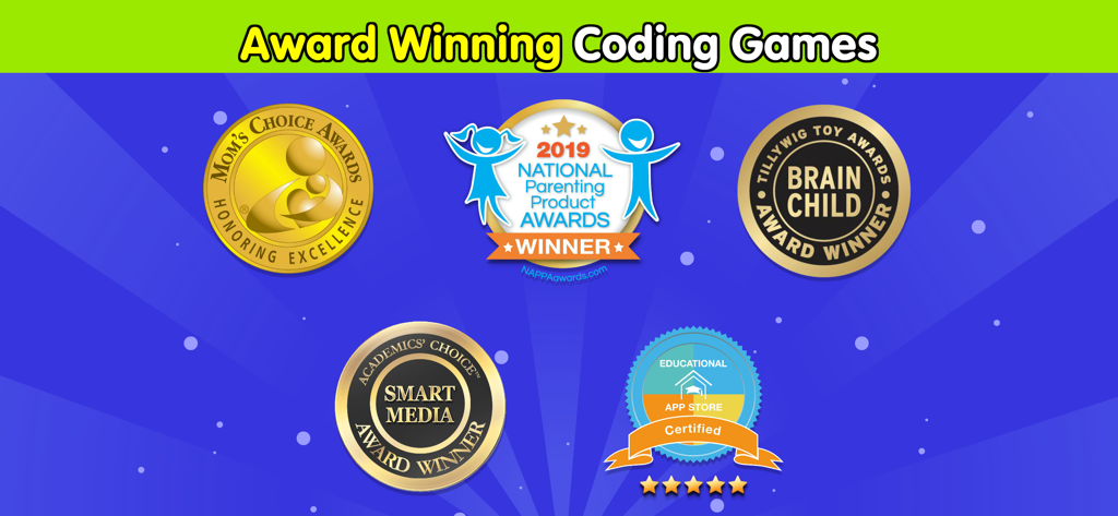Coding For Kids: Learn To Code - Educational award seals from Moms Choice Gold, NAPPA, and Academics Choice for the Coding For Kids app.