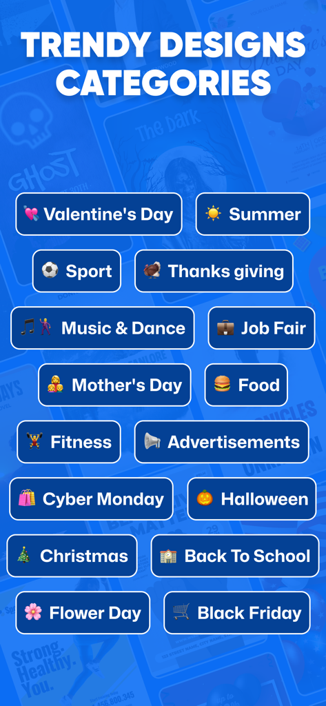 Poster Maker: & Flyer Maker - Écran de l'application montrant une variété de catégories de conception pour les affiches et les flyers, y compris les fêtes et les événements d'entreprise