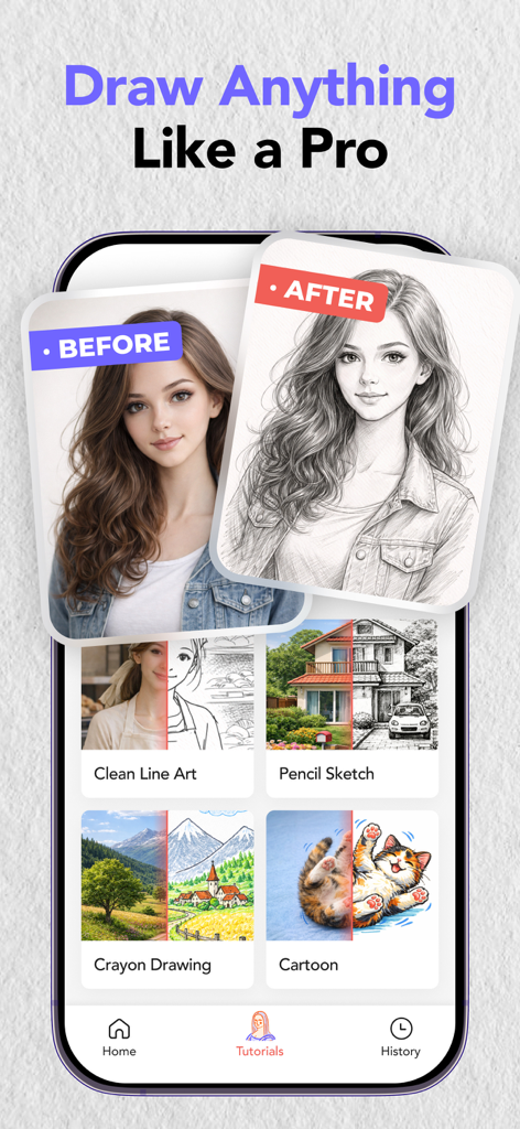 ArtCoach - Learn How to Draw - ArtCoach app screen showing a photo turned into a sketch and various drawing style categories like Pencil Sketch and Cartoon.