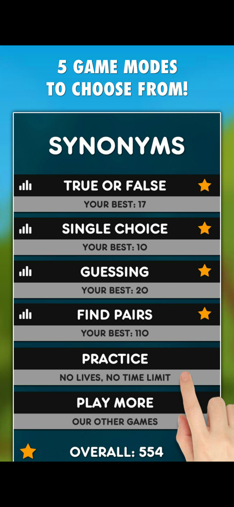 Main menu of the Synonyms Game app displaying five different game modes including True or False and Practice