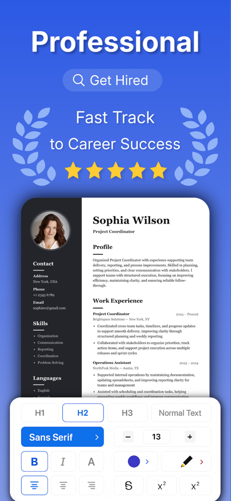 Resume Builder – Job CV Maker - Una pantalla de aplicación móvil que muestra una plantilla de currículum profesional para un coordinador de proyectos con herramientas de edición de fuentes y texto.