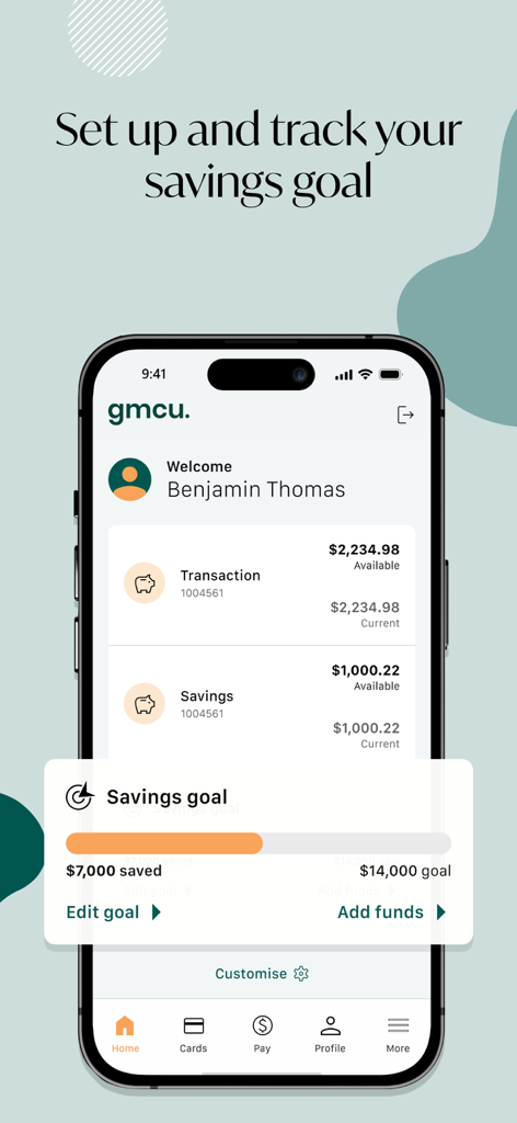 GMCU Mobile Banking - GMCU mobile banking app interface displaying account balances and a savings goal tracker