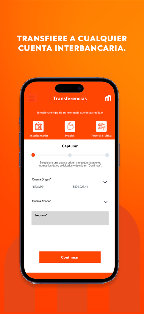 Multiva | Banca Digital Móvil - Pantalla móvil de la aplicación Multiva que muestra las opciones de transferencia interbancaria y los detalles de pago.