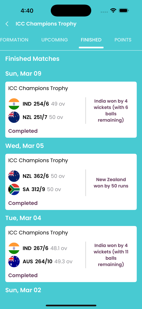 Pantalla que muestra los resultados y marcadores de los partidos de críquet finalizados