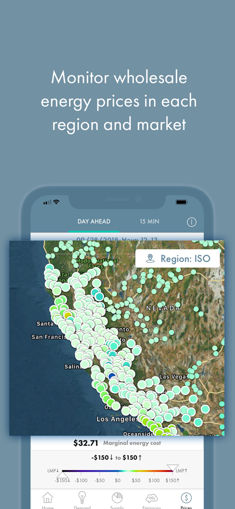 ISO Today app screenshot showing a map of wholesale energy prices in California and Nevada with location marginal price indicators