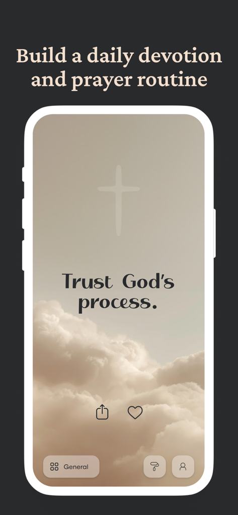 Bible Widgets: Verses & Prayer - Bible Widgets app interface showing a spiritual quote on an aesthetic cloud background with a cross icon