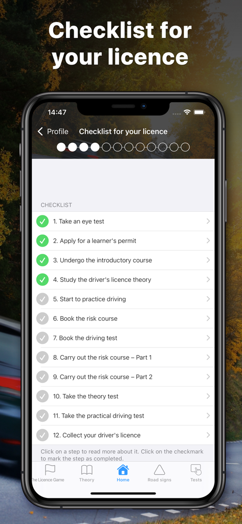 iKörkort - Smartphone screen displaying a checklist for obtaining a Swedish driver license