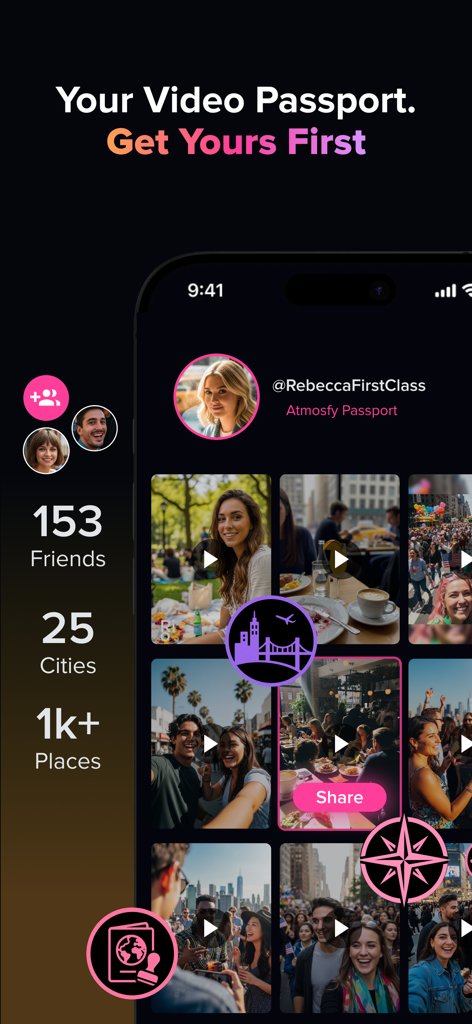 Atmosfy: Meet Your City - User profile in the Atmosfy app displaying a video passport with travel statistics and social discovery features.