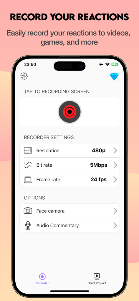 Video Reaction Maker Face Edit - Settings screen for recording video reactions with face camera and audio options