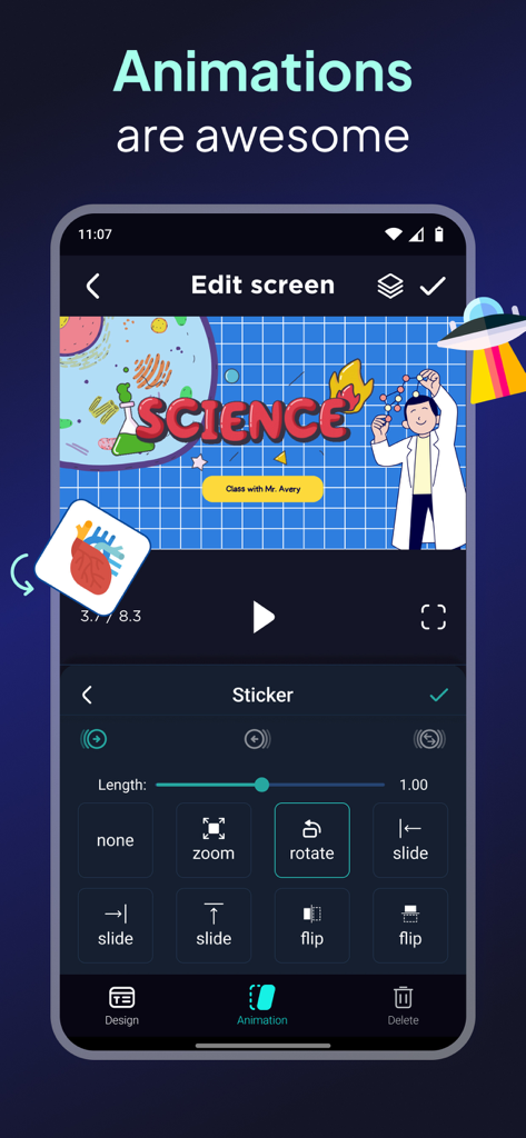 Interfaccia dell'app intro maker che mostra opzioni di animazione adesivi come ruota e scorrimento per un modello video a tema scientifico