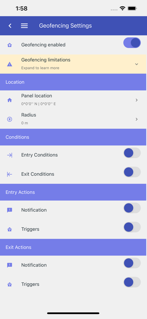 Advisor Advanced Pro - Pantalla de configuración de geovallas en la aplicación de seguridad Advisor Advanced Pro