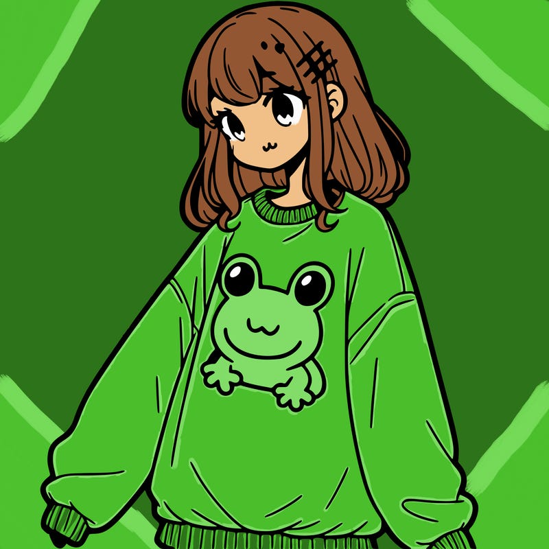 girl wearing frogging sweatshirt