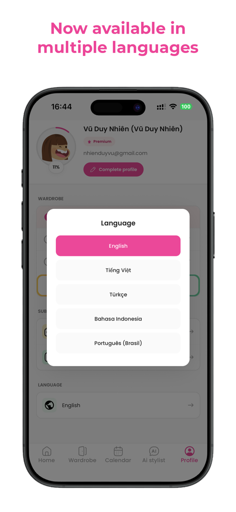 Benutzeroberfläche der Sty AI App, die das Menü zur Sprachauswahl mit mehreren Optionen wie Englisch, Türkisch und Portugiesisch anzeigt