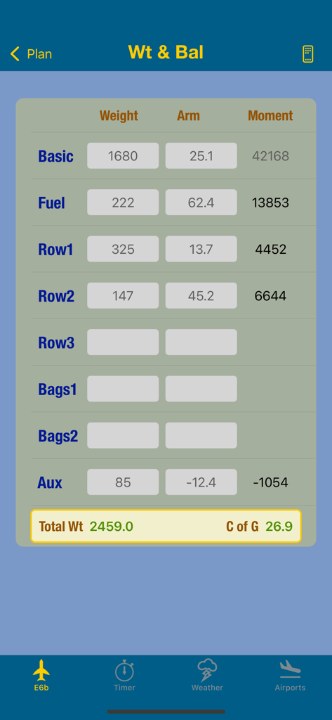 E6b Pilot - E6b Pilot app screen displaying weight and balance flight planning calculations