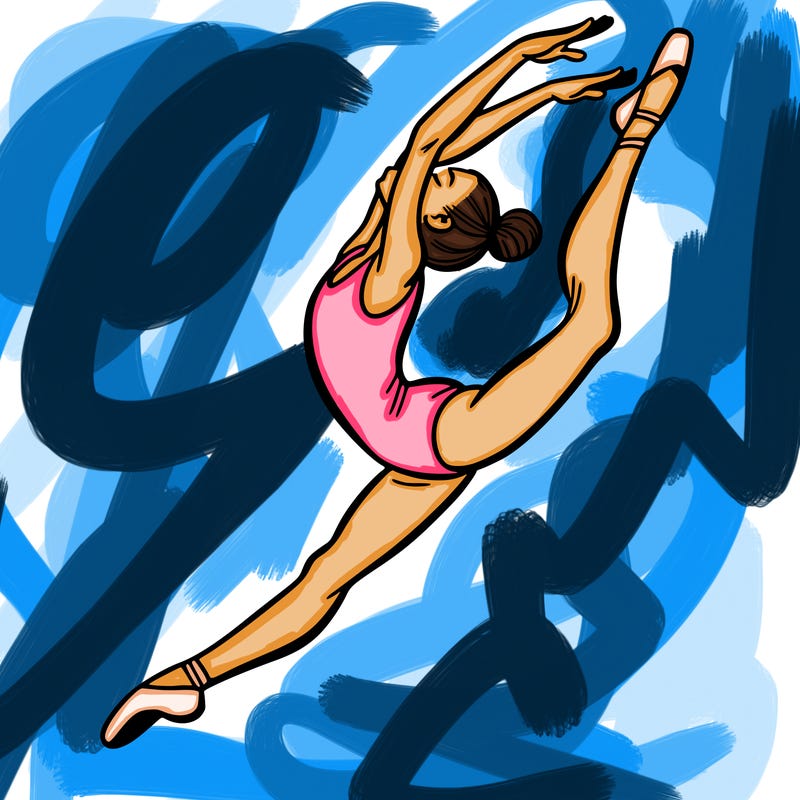 gymnast doing a leap in a leotard with a bent back leg