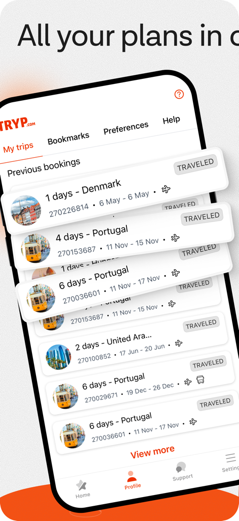 Pantalla de la aplicación Tryp que muestra un historial de reservas de viajes anteriores, incluidos viajes a Dinamarca y Portugal.