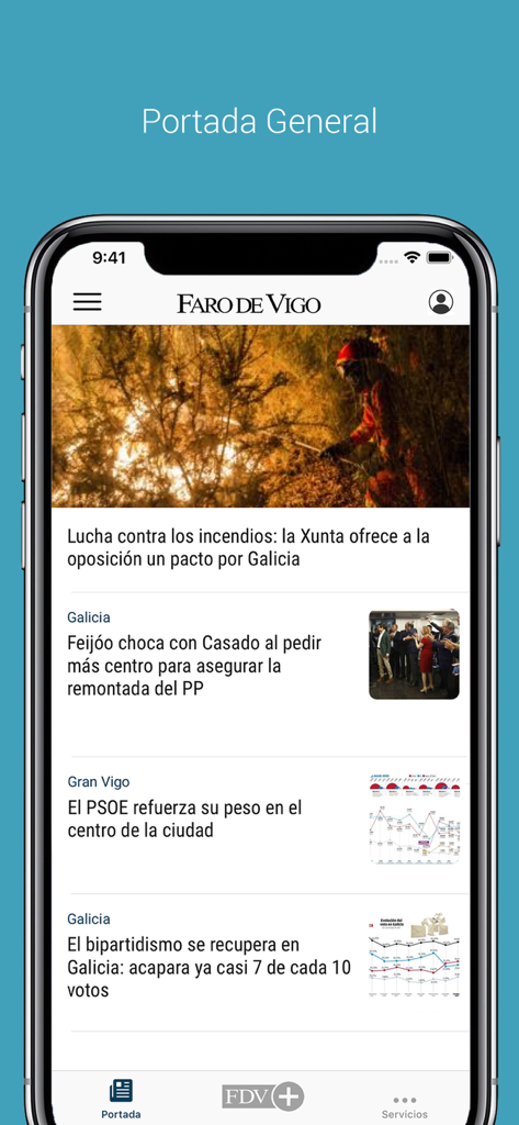 Faro de Vigo - Smartphone screen displaying the main news feed of the Faro de Vigo app with headlines about Galicia.