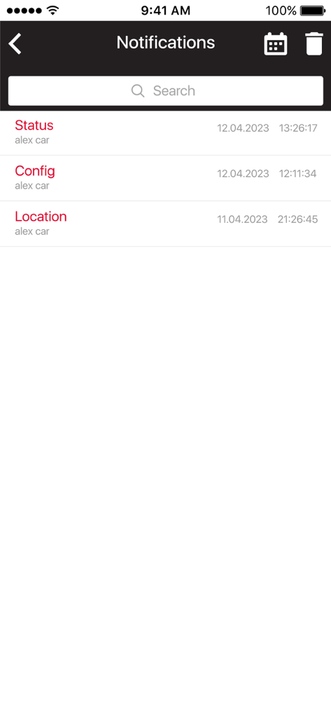 QuikTrak Pro - Screenshot des Benachrichtigungsbildschirms in der QuikTrak Pro App mit Status- und Standortalarmen für ein verfolgtes Fahrzeug