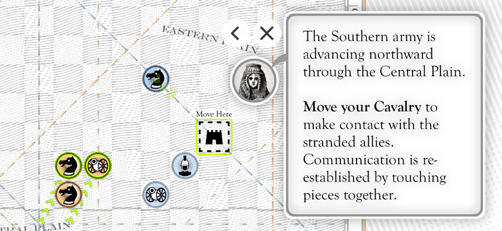 Kriegspiel - Tutorial del juego Kriegspiel que muestra la mecánica de movimiento y comunicación en un mapa estratégico.