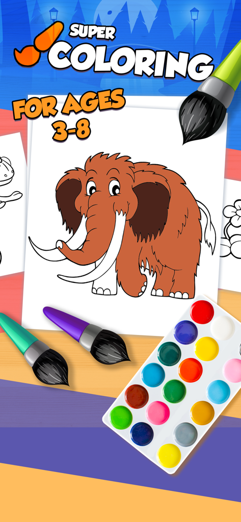Kids Coloring Book Baby Learn - Tela de aplicativo de livro de colorir infantil mostrando um mamute marrom e uma paleta de tintas para idades de 3 a 8 anos