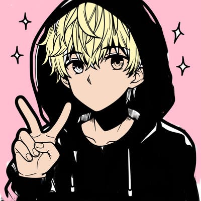 teenage manga boy in a hoodie, doing ✌