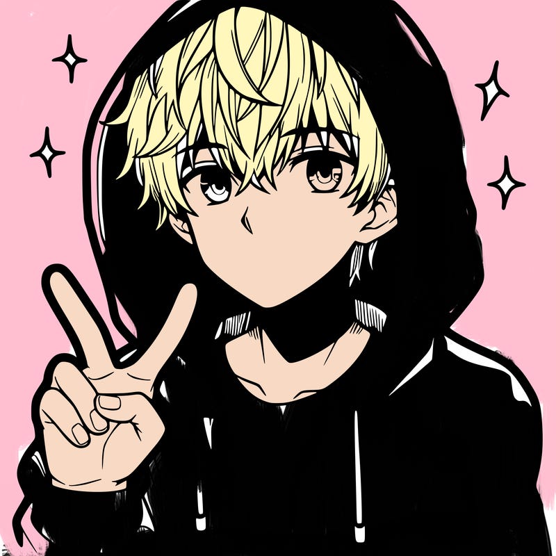 teenage manga boy in a hoodie, doing ✌
