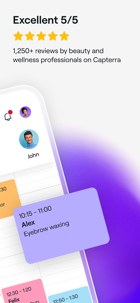 Fresha for business app showing an excellent five star rating on Capterra and a service booking calendar interface