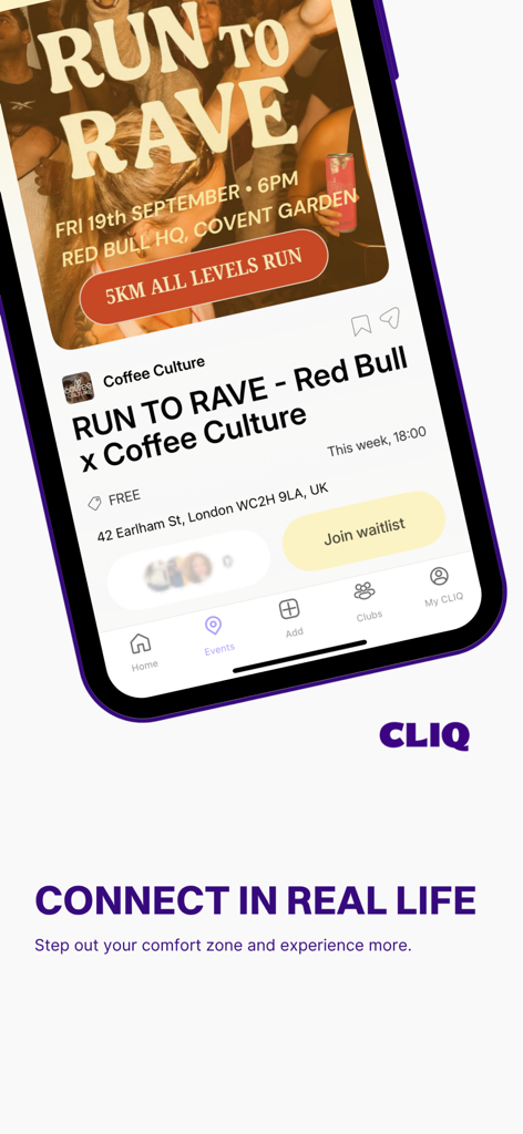 CLIQ App-Oberfläche, die eine lokale Social-Event-Seite für eine Gruppenlauf- und Rave-Veranstaltung zeigt