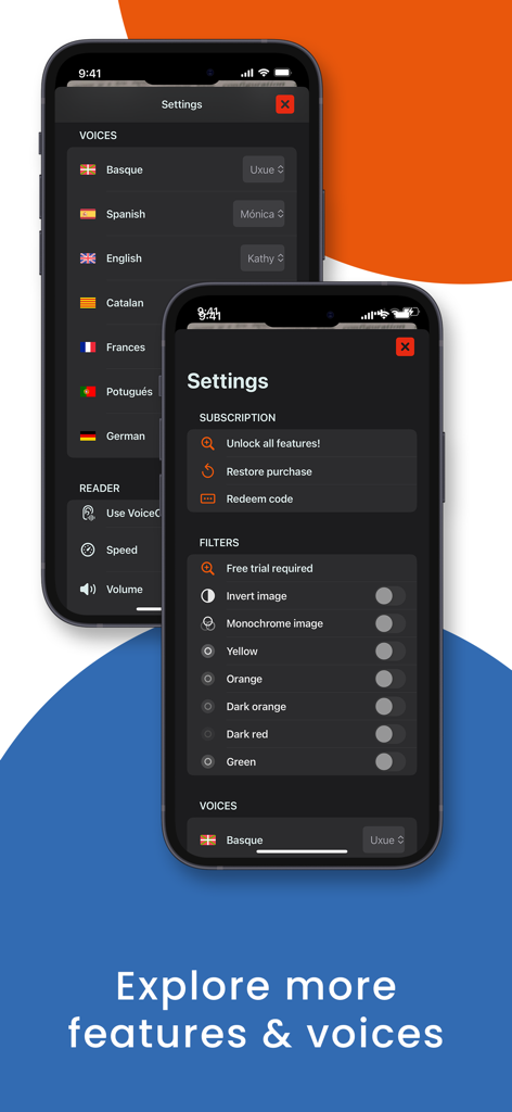LUP: Reader, text to speech - LUP app settings screens showing a variety of language voice options and visual accessibility filters like color overlays and image inversion