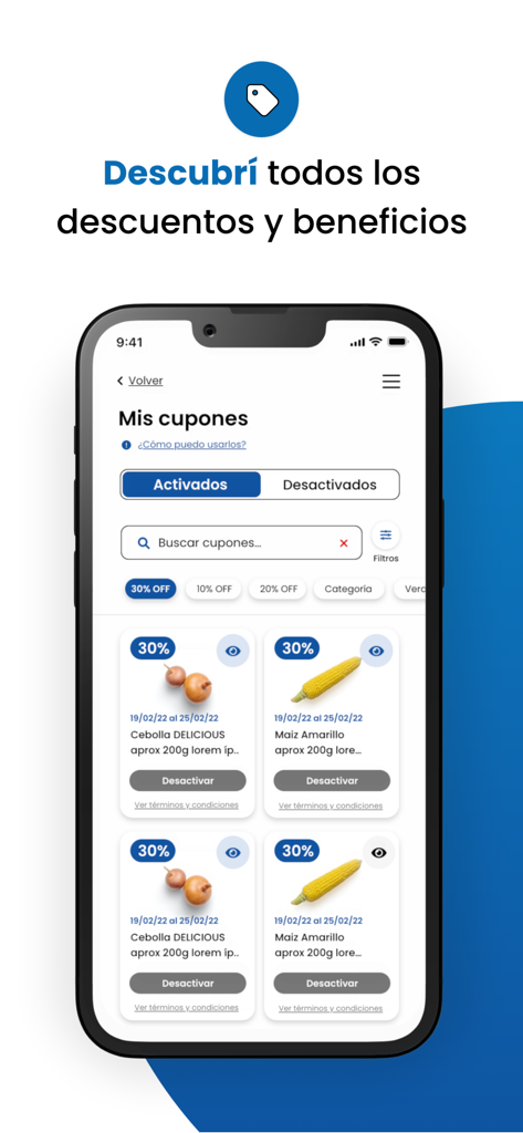 Devoto - Devotoアプリのインターフェース。利用可能なショッピングクーポンと食料品の商品に対する割引特典が表示されています。