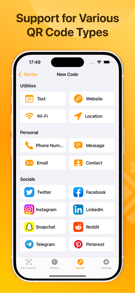 QR Code Scanner: QR Reader - Interfaz de la aplicación QR Code Scanner mostrando varias opciones para crear códigos QR para sitios web, Wi-Fi, contactos y plataformas de redes sociales.
